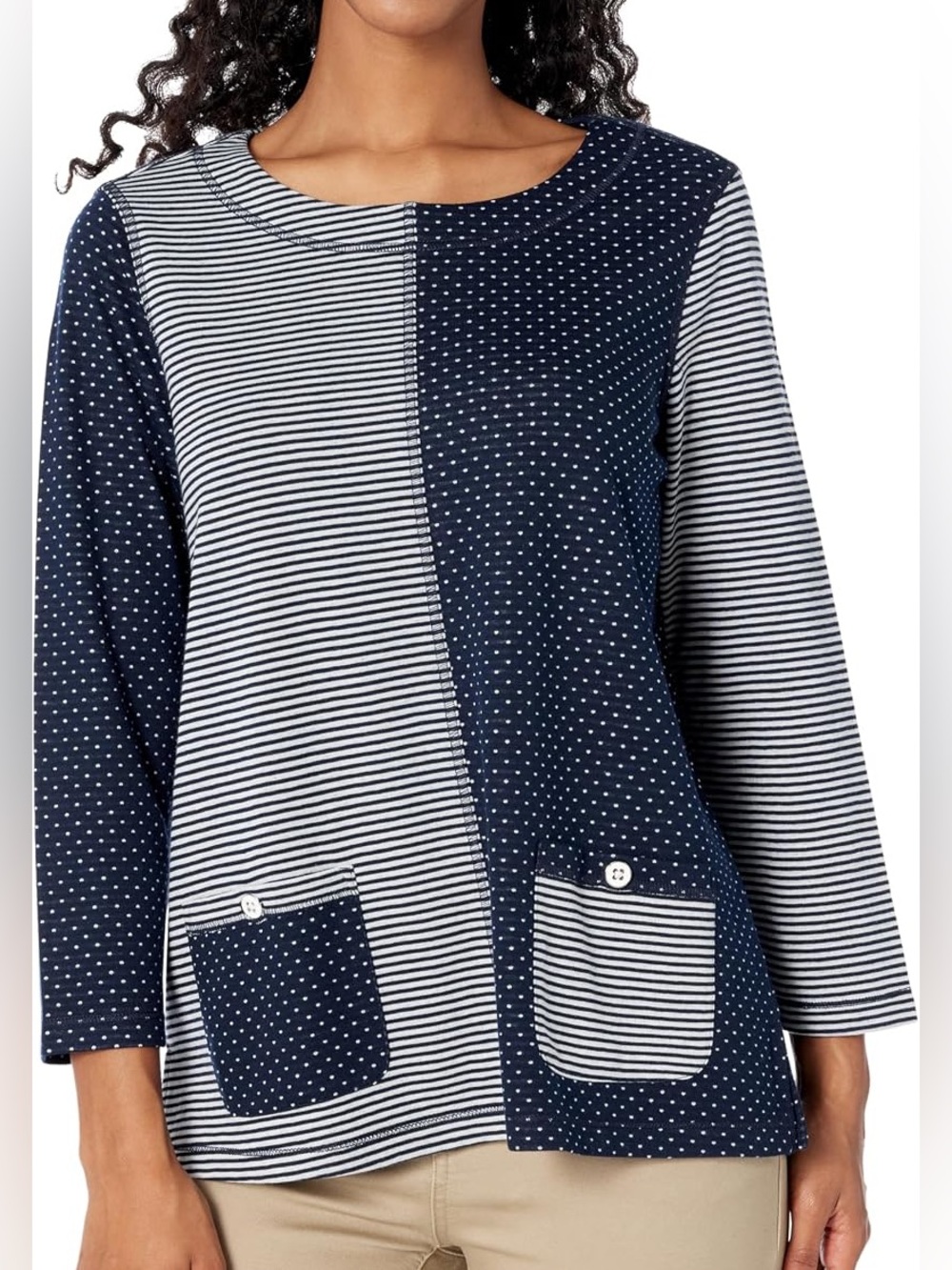 NWOT! Multiples Dots and Stripes Knit Top, MEDIUM, navy/white